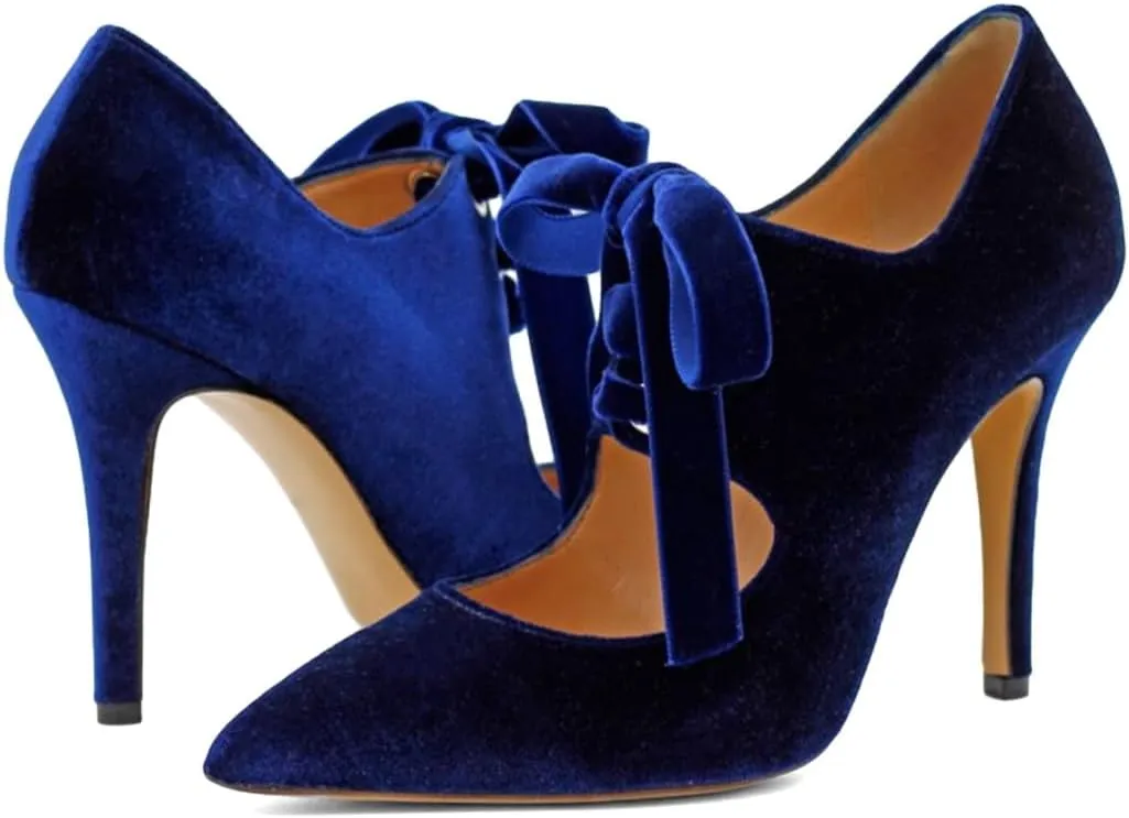 Pazzion Women Trendy Closed Pointed Toe Cutout Pumps Soft Velvet Chunky High Heels Lace Up Shoes for Casual Evening Event Size 4-16 US
