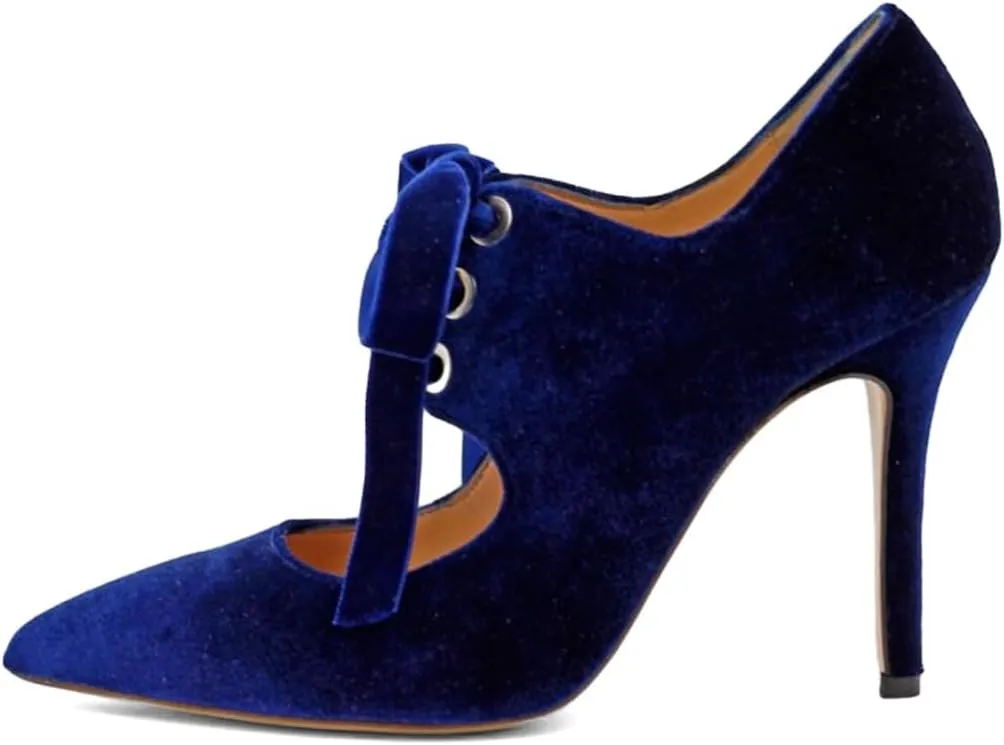 Pazzion Women Trendy Closed Pointed Toe Cutout Pumps Soft Velvet Chunky High Heels Lace Up Shoes for Casual Evening Event Size 4-16 US