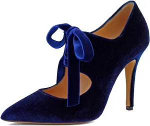 Pazzion Women Trendy Closed Pointed Toe Cutout Pumps Soft Velvet Chunky High Heels Lace Up Shoes for Casual Evening Event Size 4-16 US