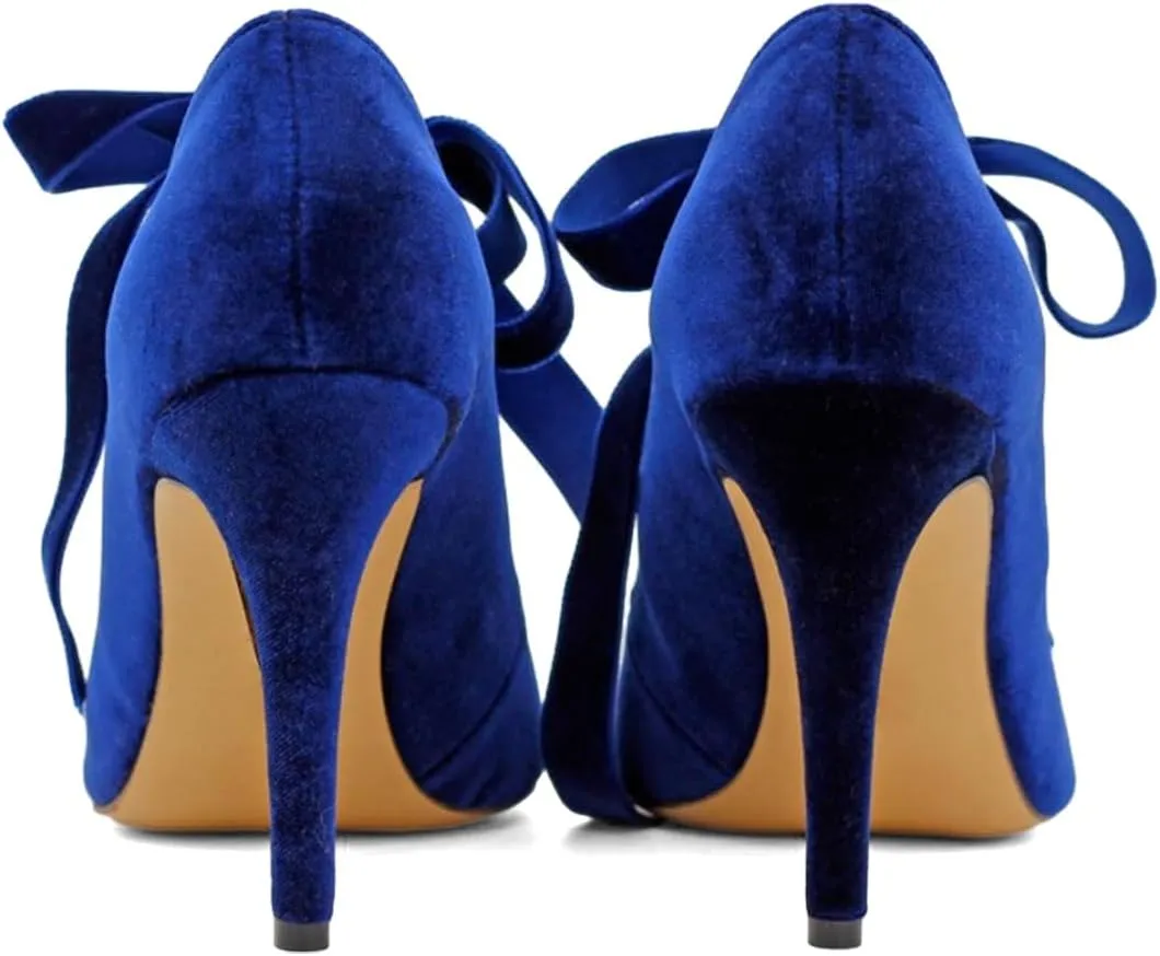 Pazzion Women Trendy Closed Pointed Toe Cutout Pumps Soft Velvet Chunky High Heels Lace Up Shoes for Casual Evening Event Size 4-16 US