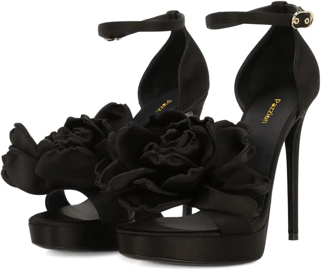 Pazzion Women's Open Toe Super High Heel Sandals Oversized Flowers Strap Buckle Platform Stilettos Shoes Daily Shopping Outfit Size 4-16 US