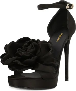 Pazzion Women's Open Toe Super High Heel Sandals Oversized Flowers Strap Buckle Platform Stilettos Shoes Daily Shopping Outfit Size 4-16 US