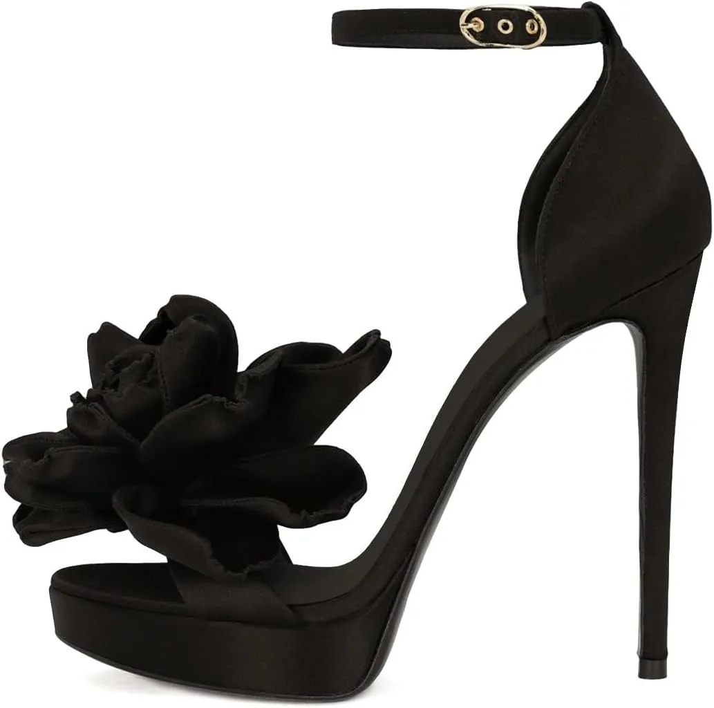 Pazzion Women's Open Toe Super High Heel Sandals Oversized Flowers Strap Buckle Platform Stilettos Shoes Daily Shopping Outfit Size 4-16 US