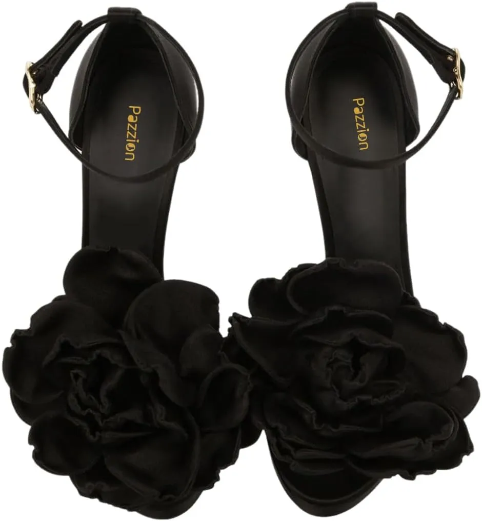 Pazzion Women's Open Toe Super High Heel Sandals Oversized Flowers Strap Buckle Platform Stilettos Shoes Daily Shopping Outfit Size 4-16 US