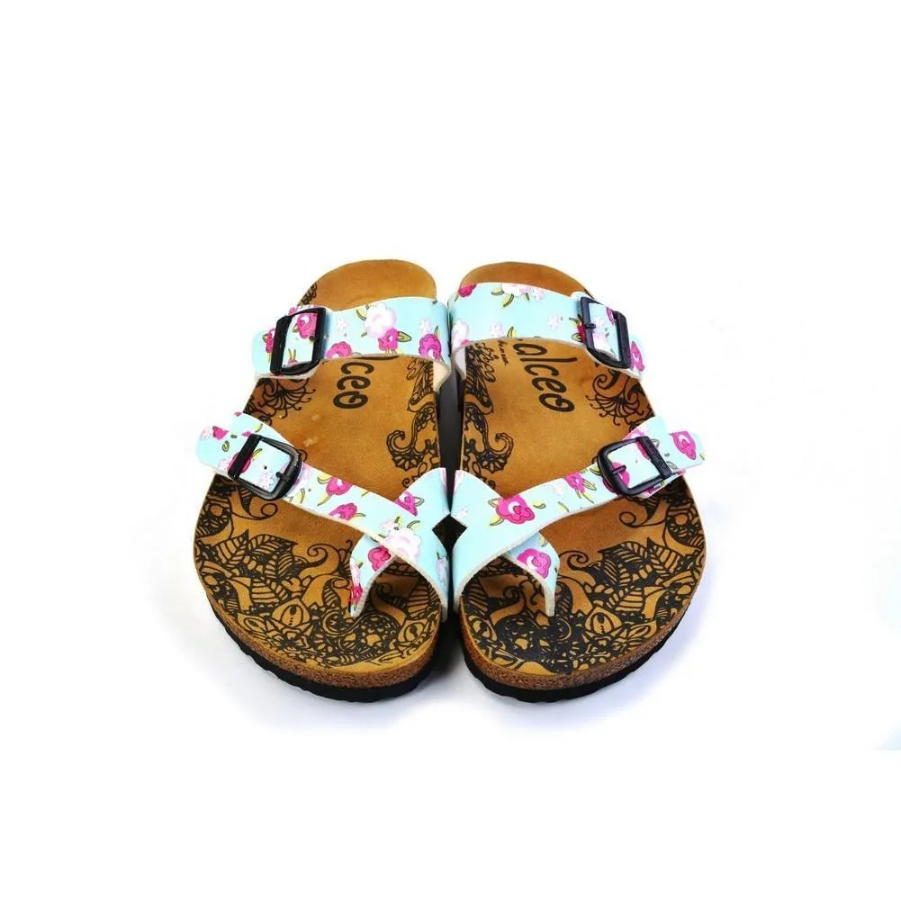 Pink and White Flowers, Green Leafy, Light Blue Pattern Sandal - CAL1012