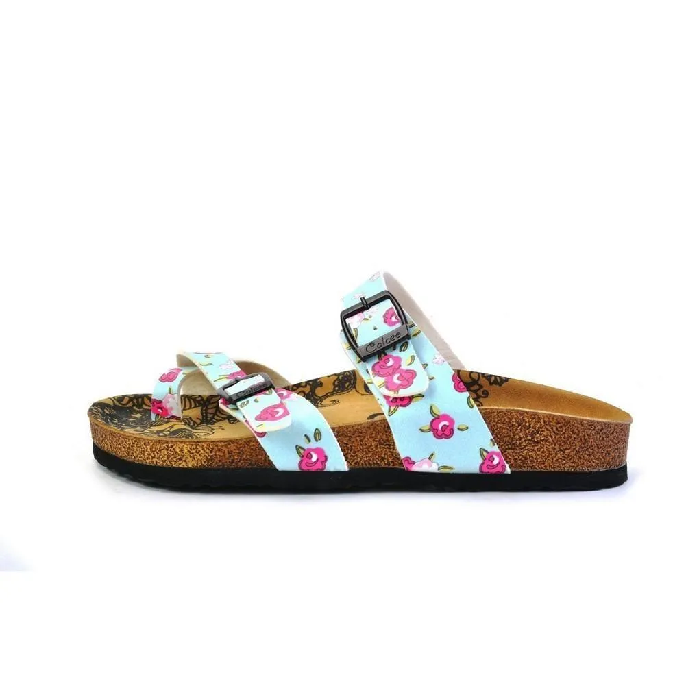 Pink and White Flowers, Green Leafy, Light Blue Pattern Sandal - CAL1012