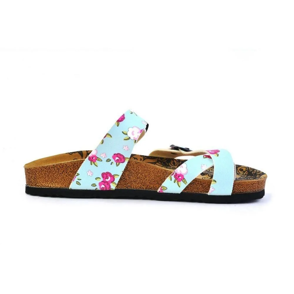 Pink and White Flowers, Green Leafy, Light Blue Pattern Sandal - CAL1012