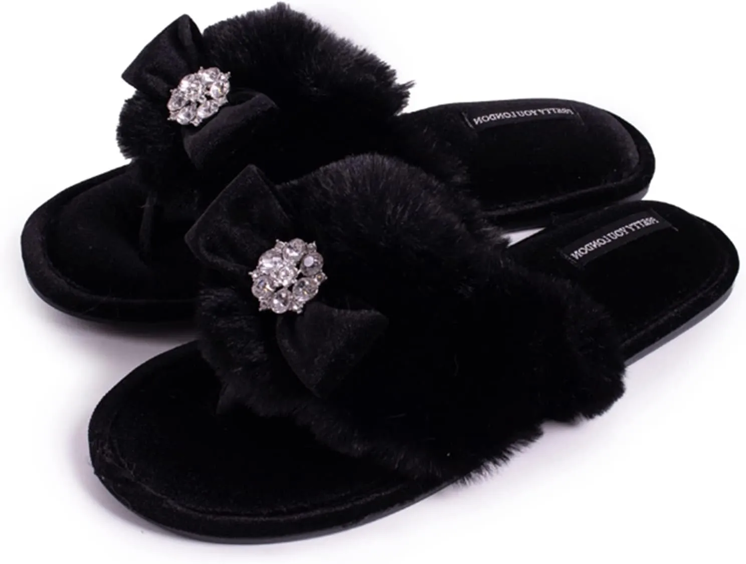 Pretty You London Women's Amelie Thong Slide Slipper with Bow and Rhinestone in Black