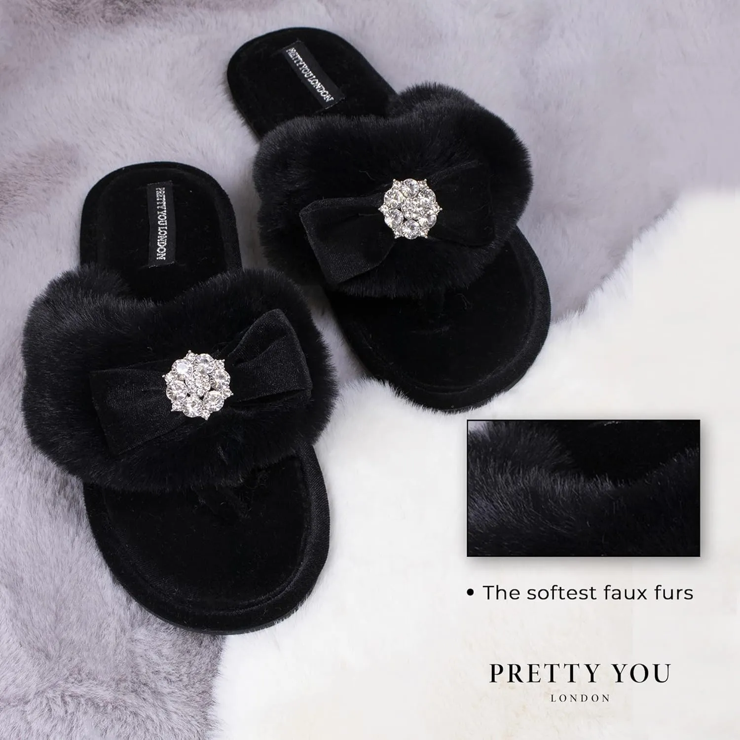 Pretty You London Women's Amelie Thong Slide Slipper with Bow and Rhinestone in Black