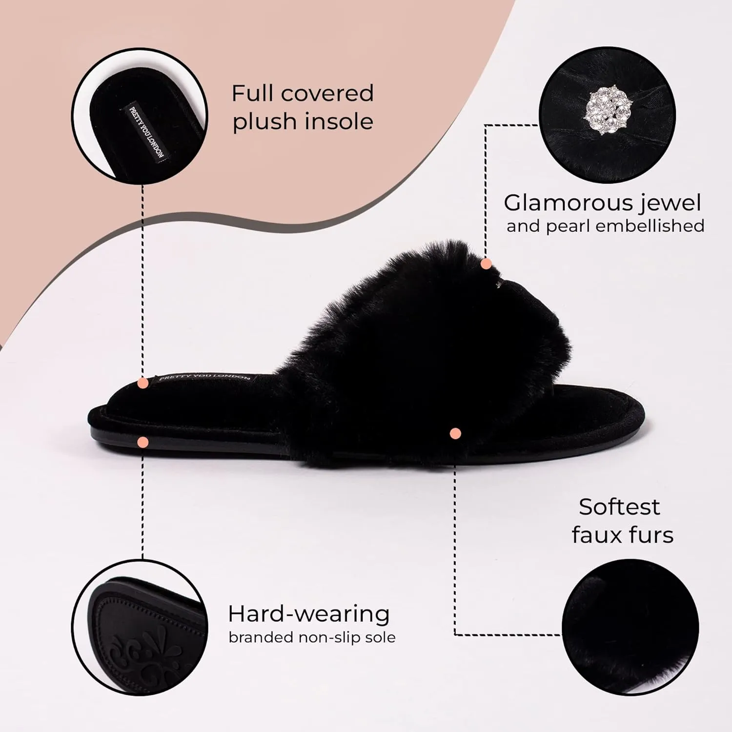 Pretty You London Women's Amelie Thong Slide Slipper with Bow and Rhinestone in Black