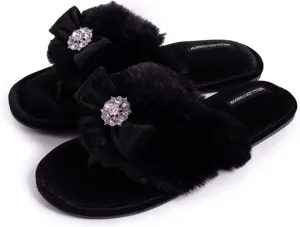 Pretty You London Women's Amelie Thong Slide Slipper with Bow and Rhinestone in Black