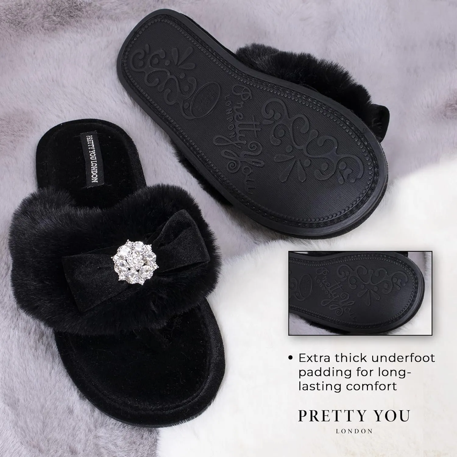 Pretty You London Women's Amelie Thong Slide Slipper with Bow and Rhinestone in Black