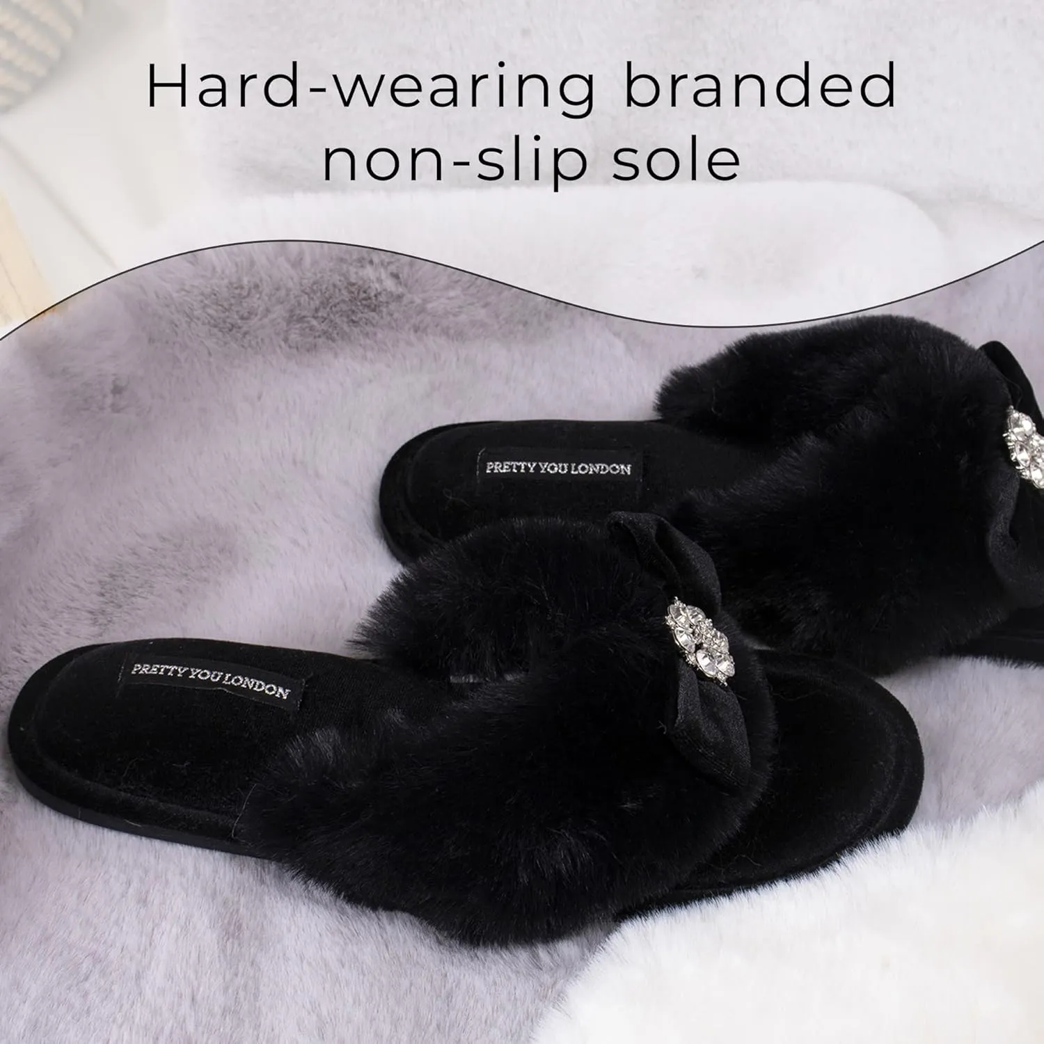 Pretty You London Women's Amelie Thong Slide Slipper with Bow and Rhinestone in Black