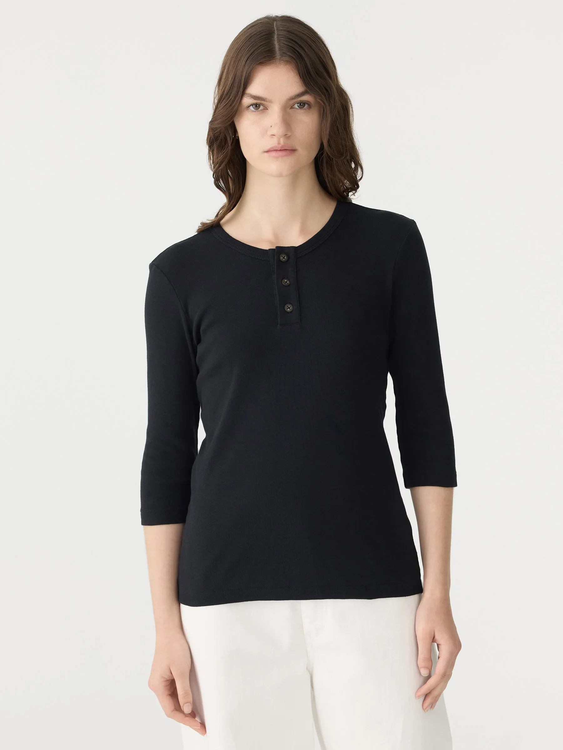 Rib Placket 3/4 Sleeve T-Shirt