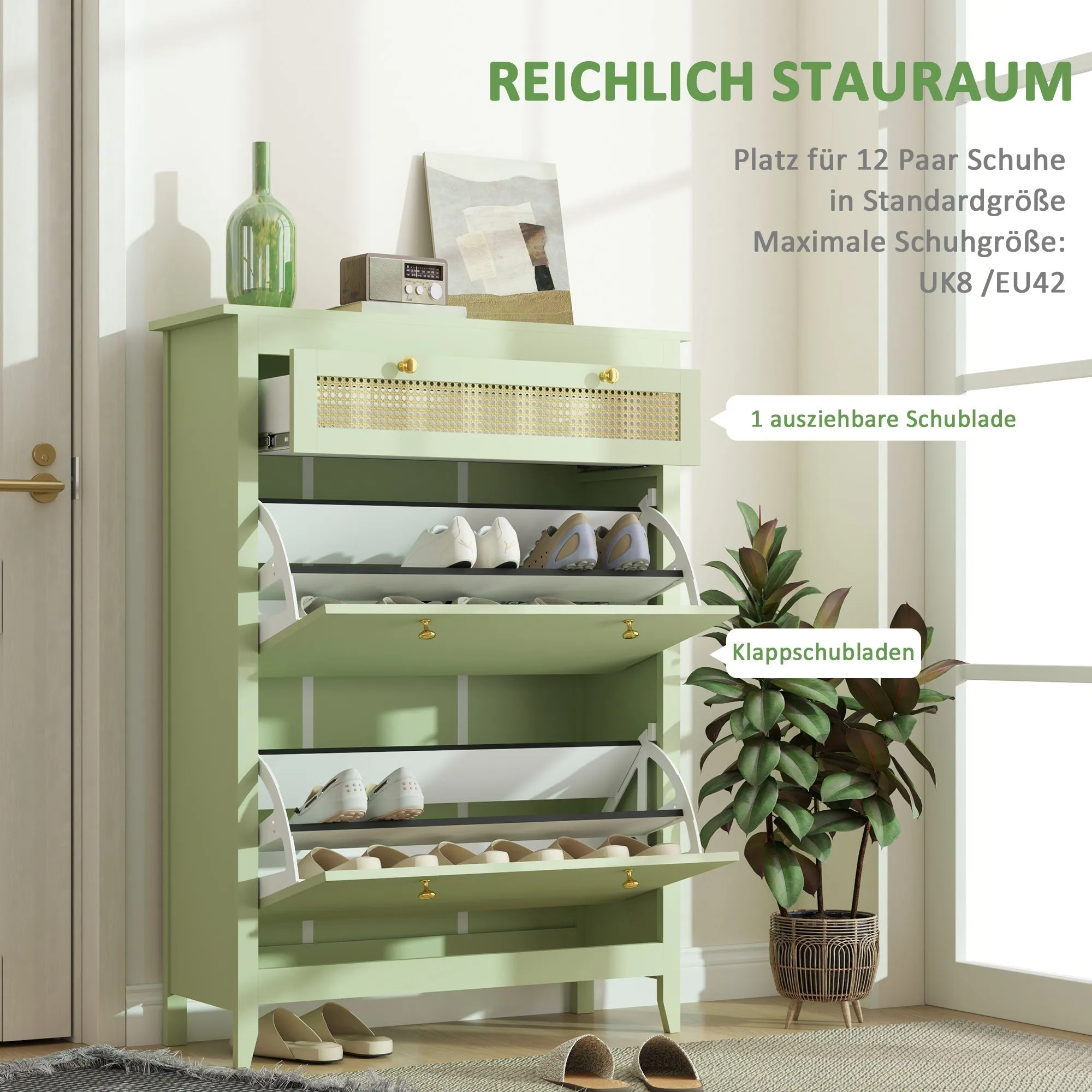 Rootz Shoe Cabinet - Shoe Chest - Shoe Storage - Organizes 12 Pairs - 88 x 30 x 120 cm - Green