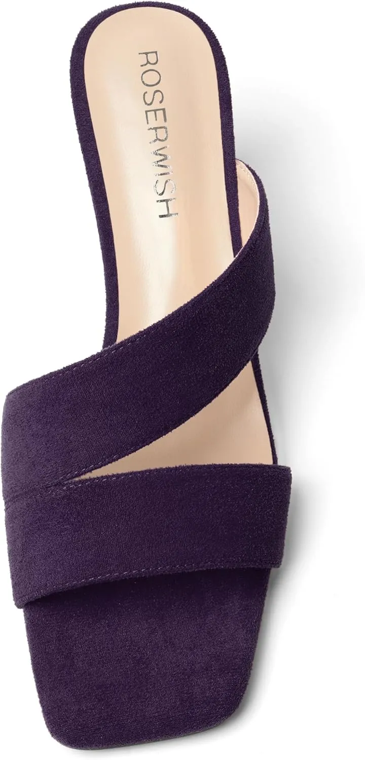 ROSERWISH Womens Wedding Fashion Slip On Suede Dress Open Toe Chunky Low Heel Heeled Sandals 2 Inch