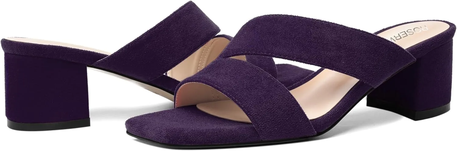 ROSERWISH Womens Wedding Fashion Slip On Suede Dress Open Toe Chunky Low Heel Heeled Sandals 2 Inch