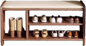 Shoe Bench Shoe Bench with Boots Solid Wood Shoe Bench,Solid Wood Frame PU Seat Open Storage with Boots,Two-Layer Storage,Suitable for Entrance Hallway Bedroom Living Room(Walnut,120x30x42cm