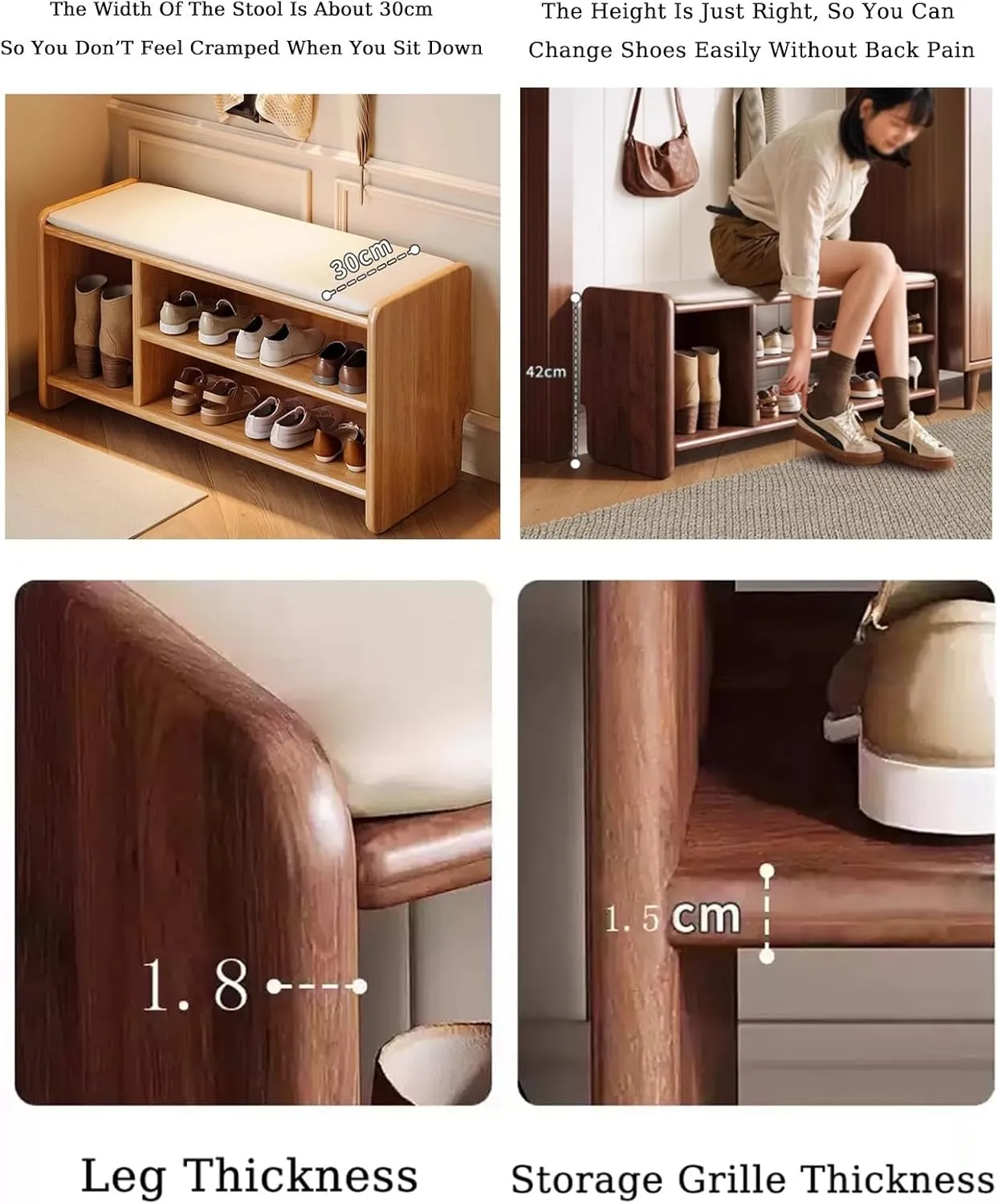 Shoe Bench Shoe Bench with Boots Solid Wood Shoe Bench,Solid Wood Frame PU Seat Open Storage with Boots,Two-Layer Storage,Suitable for Entrance Hallway Bedroom Living Room(Walnut,120x30x42cm