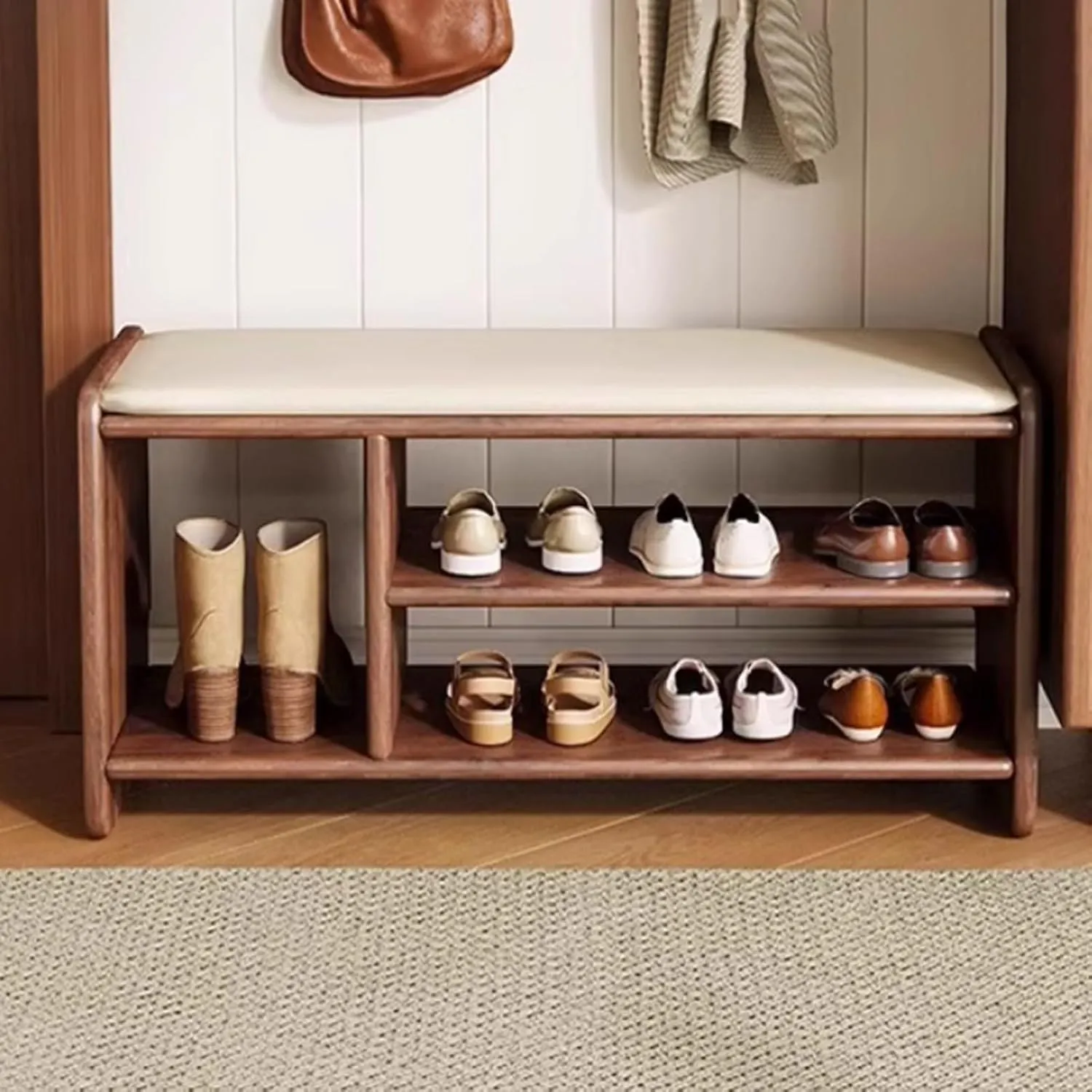 Shoe Bench Shoe Bench with Boots Solid Wood Shoe Bench,Solid Wood Frame PU Seat Open Storage with Boots,Two-Layer Storage,Suitable for Entrance Hallway Bedroom Living Room(Walnut,120x30x42cm