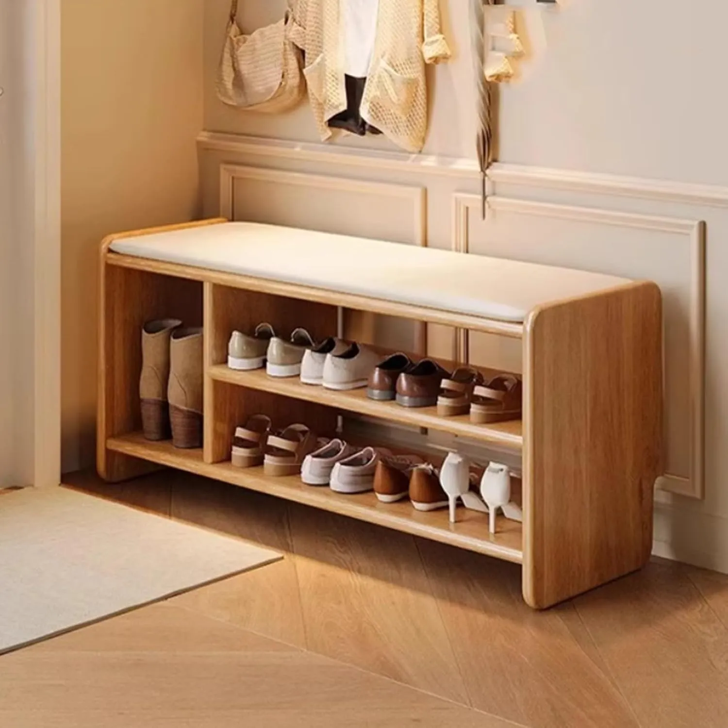 Shoe Bench Shoe Bench with Boots Solid Wood Shoe Bench,Solid Wood Frame PU Seat Open Storage with Boots,Two-Layer Storage,Suitable for Entrance Hallway Bedroom Living Room(Walnut,120x30x42cm