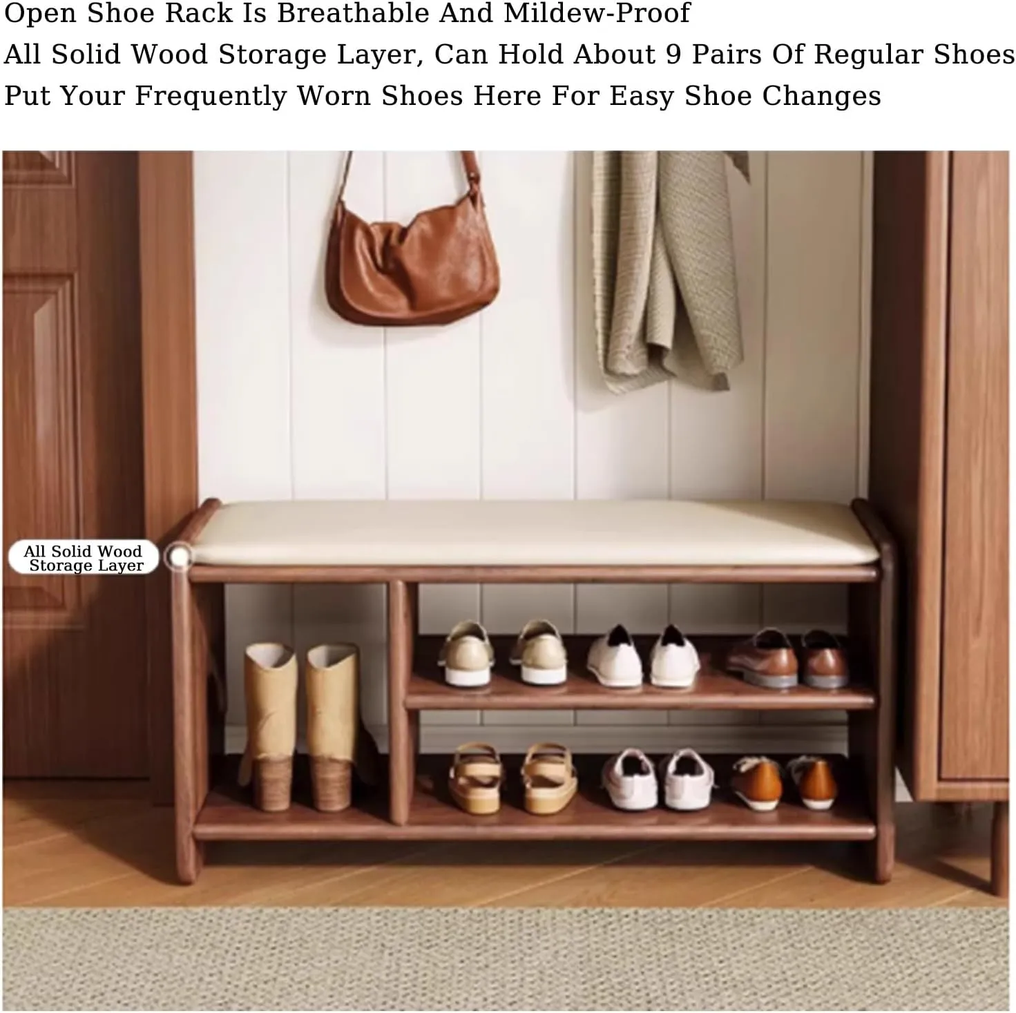 Shoe Bench Shoe Bench with Boots Solid Wood Shoe Bench,Solid Wood Frame PU Seat Open Storage with Boots,Two-Layer Storage,Suitable for Entrance Hallway Bedroom Living Room(Walnut,120x30x42cm