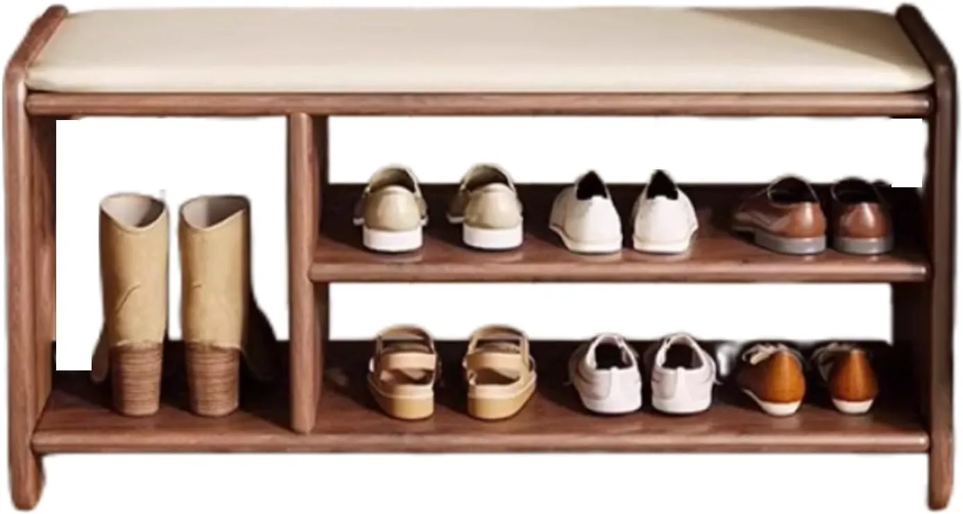 Shoe Bench Shoe Bench with Boots Solid Wood Shoe Bench,Solid Wood Frame PU Seat Open Storage with Boots,Two-Layer Storage,Suitable for Entrance Hallway Bedroom Living Room(Walnut,120x30x42cm