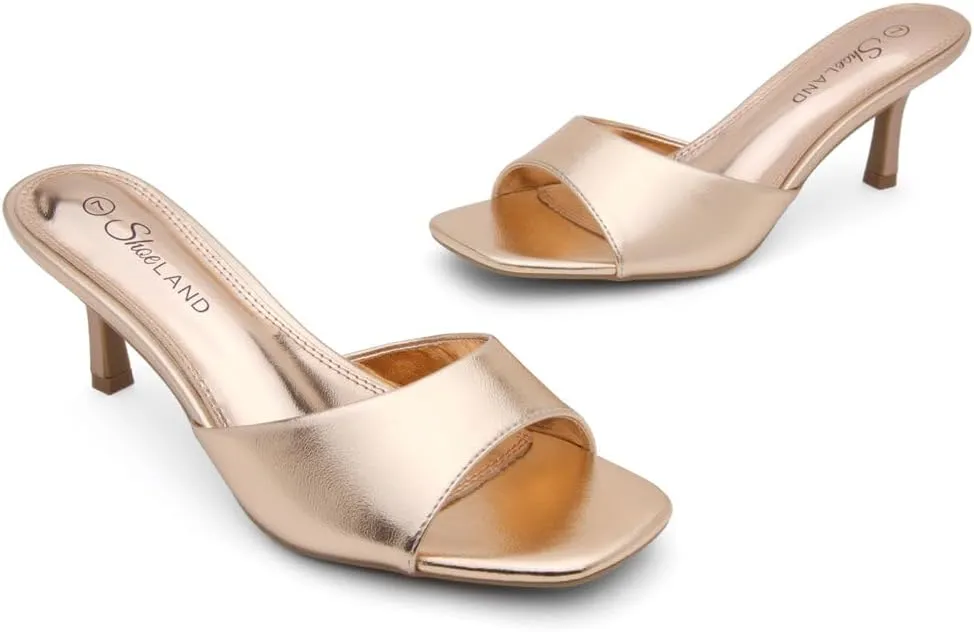 Shoe Land Deverena Women's Low Heels Stiletto Heeled Slides, Open Toe One Band Slip-On Heeled Mules – Dressy Heeled Sandals for Prom, Party, Wedding, and Vacation