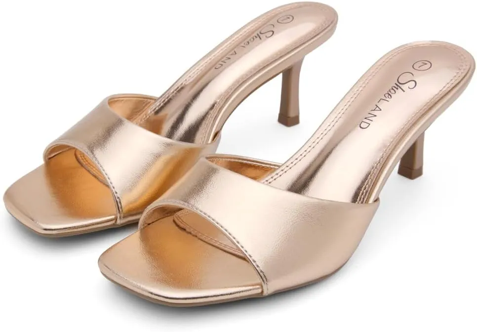 Shoe Land Deverena Women's Low Heels Stiletto Heeled Slides, Open Toe One Band Slip-On Heeled Mules – Dressy Heeled Sandals for Prom, Party, Wedding, and Vacation