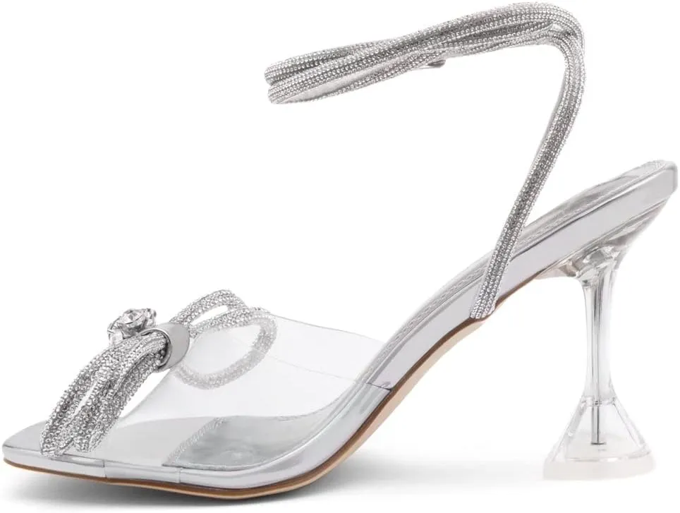 Shoe Land SL-NAOMI Women's Double Bowknots Crystal Sandals, Clear Slingback Heels with Square Open Toe – Dressy Rhinestone High Heels for Party Wedding and Prom