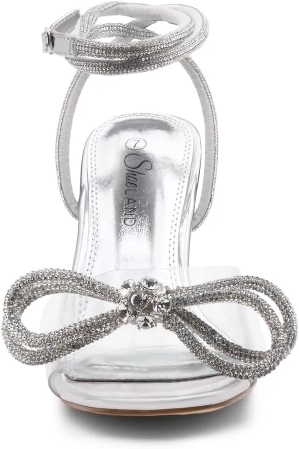 Shoe Land SL-NAOMI Women's Double Bowknots Crystal Sandals, Clear Slingback Heels with Square Open Toe – Dressy Rhinestone High Heels for Party Wedding and Prom