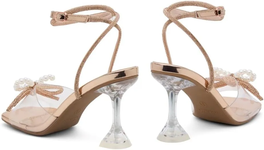 Shoe Land SL-NAOMI Women's Double Bowknots Crystal Sandals, Clear Slingback Heels with Square Open Toe – Dressy Rhinestone High Heels for Party Wedding and Prom