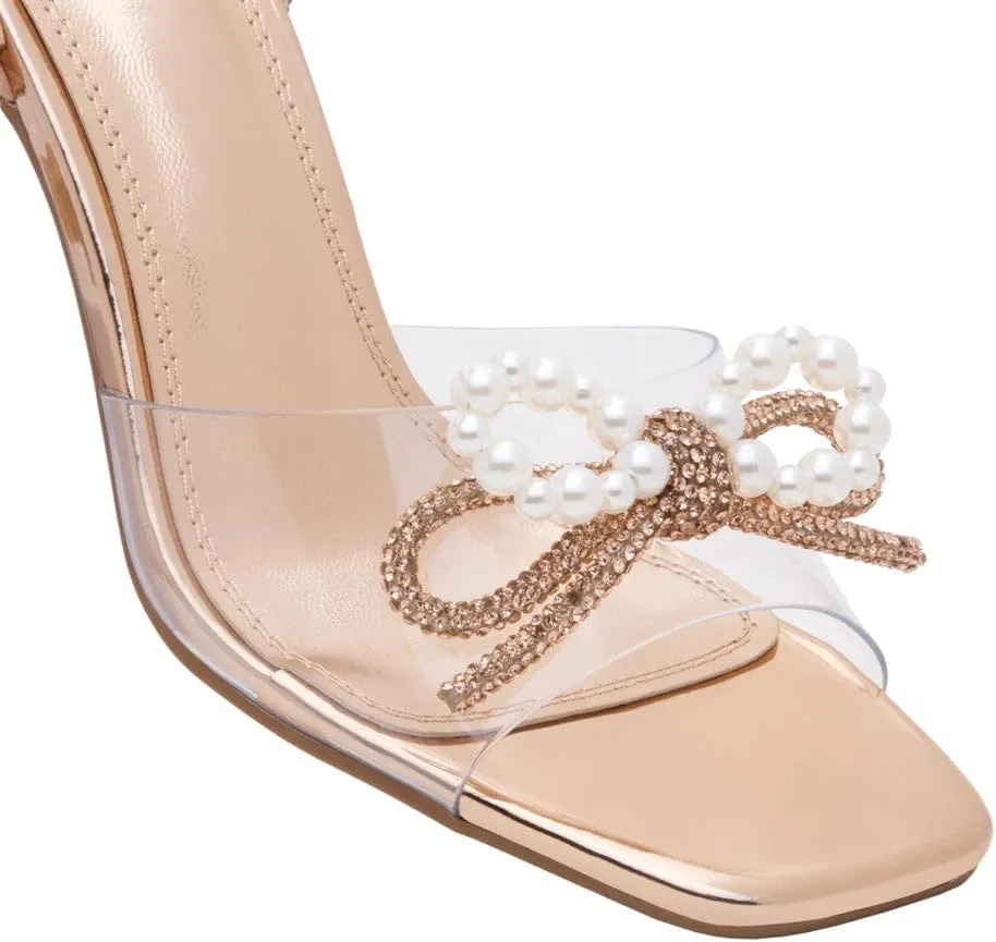 Shoe Land SL-NAOMI Women's Double Bowknots Crystal Sandals, Clear Slingback Heels with Square Open Toe – Dressy Rhinestone High Heels for Party Wedding and Prom