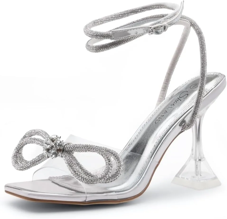 Shoe Land SL-NAOMI Women's Double Bowknots Crystal Sandals, Clear Slingback Heels with Square Open Toe – Dressy Rhinestone High Heels for Party Wedding and Prom