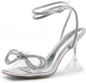 Shoe Land SL-NAOMI Women's Double Bowknots Crystal Sandals, Clear Slingback Heels with Square Open Toe – Dressy Rhinestone High Heels for Party Wedding and Prom
