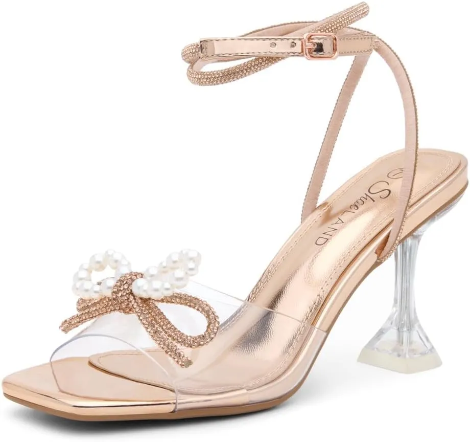 Shoe Land SL-NAOMI Women's Double Bowknots Crystal Sandals, Clear Slingback Heels with Square Open Toe – Dressy Rhinestone High Heels for Party Wedding and Prom