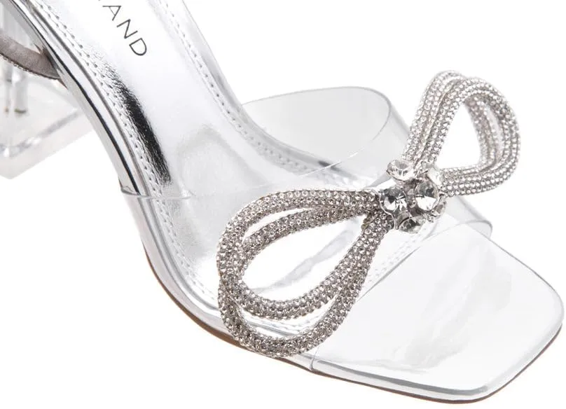 Shoe Land SL-NAOMI Women's Double Bowknots Crystal Sandals, Clear Slingback Heels with Square Open Toe – Dressy Rhinestone High Heels for Party Wedding and Prom