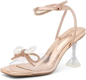 Shoe Land SL-NAOMI Women's Double Bowknots Crystal Sandals, Clear Slingback Heels with Square Open Toe – Dressy Rhinestone High Heels for Party Wedding and Prom
