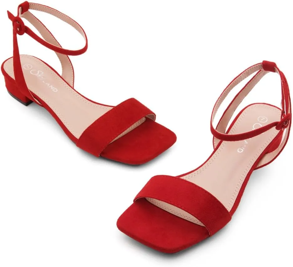 Shoe Land Women's Low Heels Dressy Sandals for 2025-1 Inch Chunky Block Short Heels | Square Open Toe with Adjustable Ankle Strap | Wedding & Party Heeled Sandals