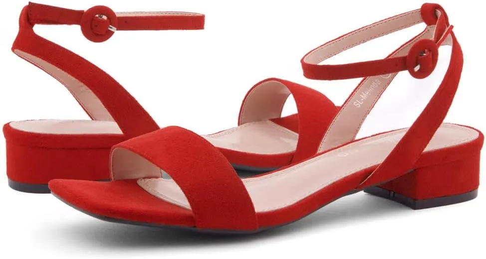 Shoe Land Women's Low Heels Dressy Sandals for 2025-1 Inch Chunky Block Short Heels | Square Open Toe with Adjustable Ankle Strap | Wedding & Party Heeled Sandals