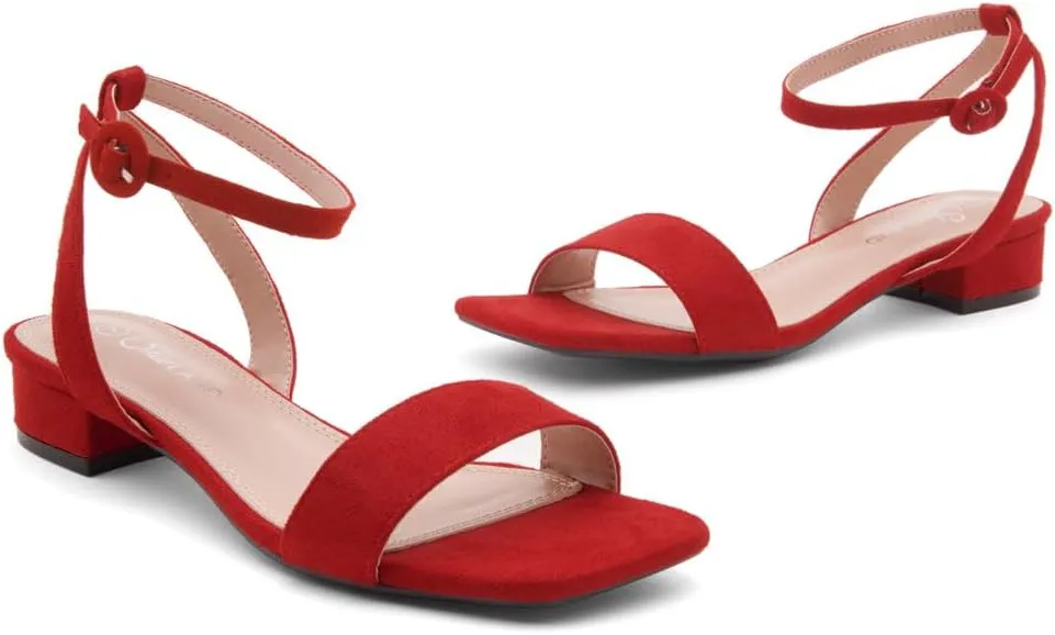 Shoe Land Women's Low Heels Dressy Sandals for 2025-1 Inch Chunky Block Short Heels | Square Open Toe with Adjustable Ankle Strap | Wedding & Party Heeled Sandals