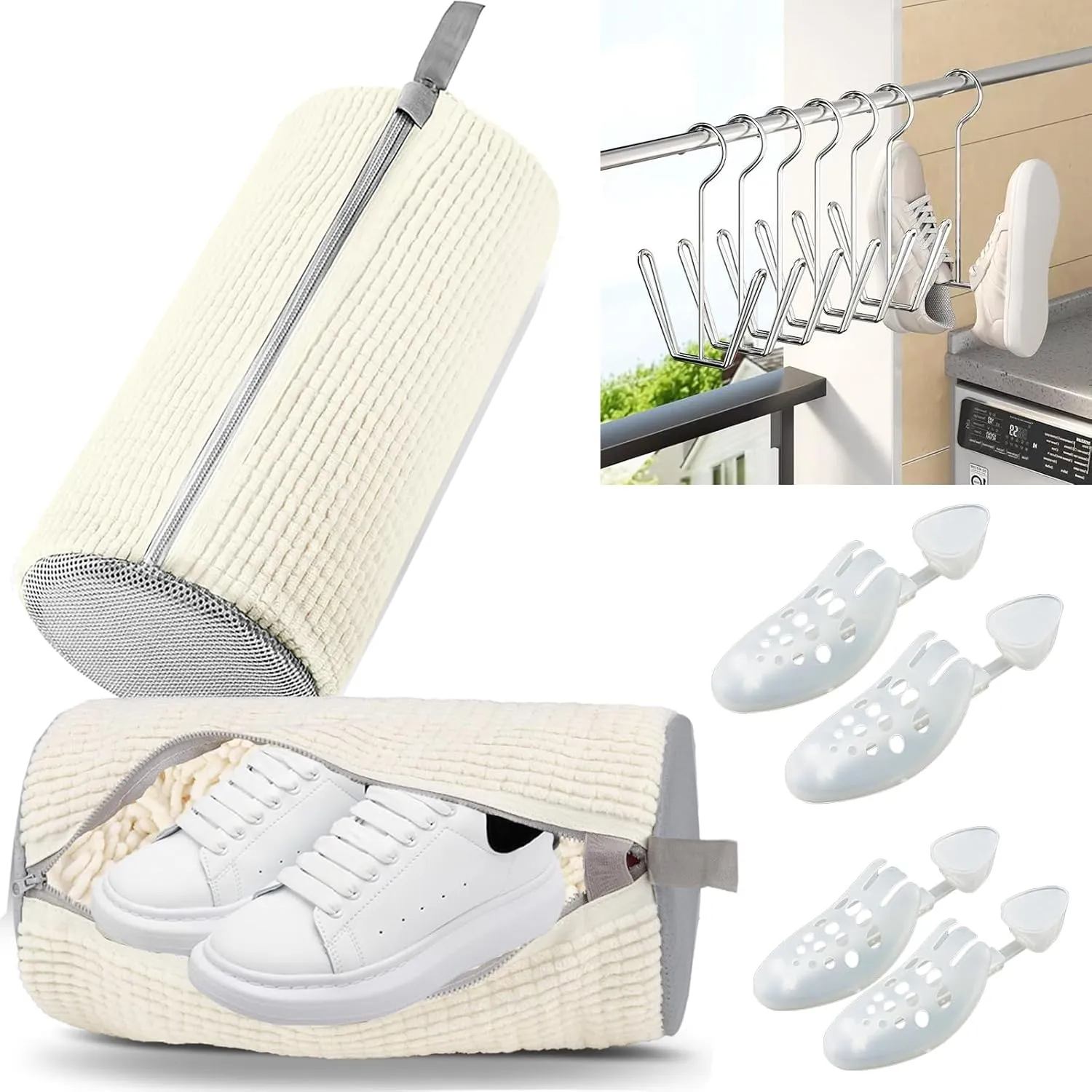 Shoe Washing Machine Bag Reusable 2pcs Laundry Shoe Bag for Washer and Dryer Sneakers with 2 Pairs Adjustable Shoe Trees and 2pcs Shoes Hanger Hook (8-Pcs Set For Easy Cleaning&Drying)