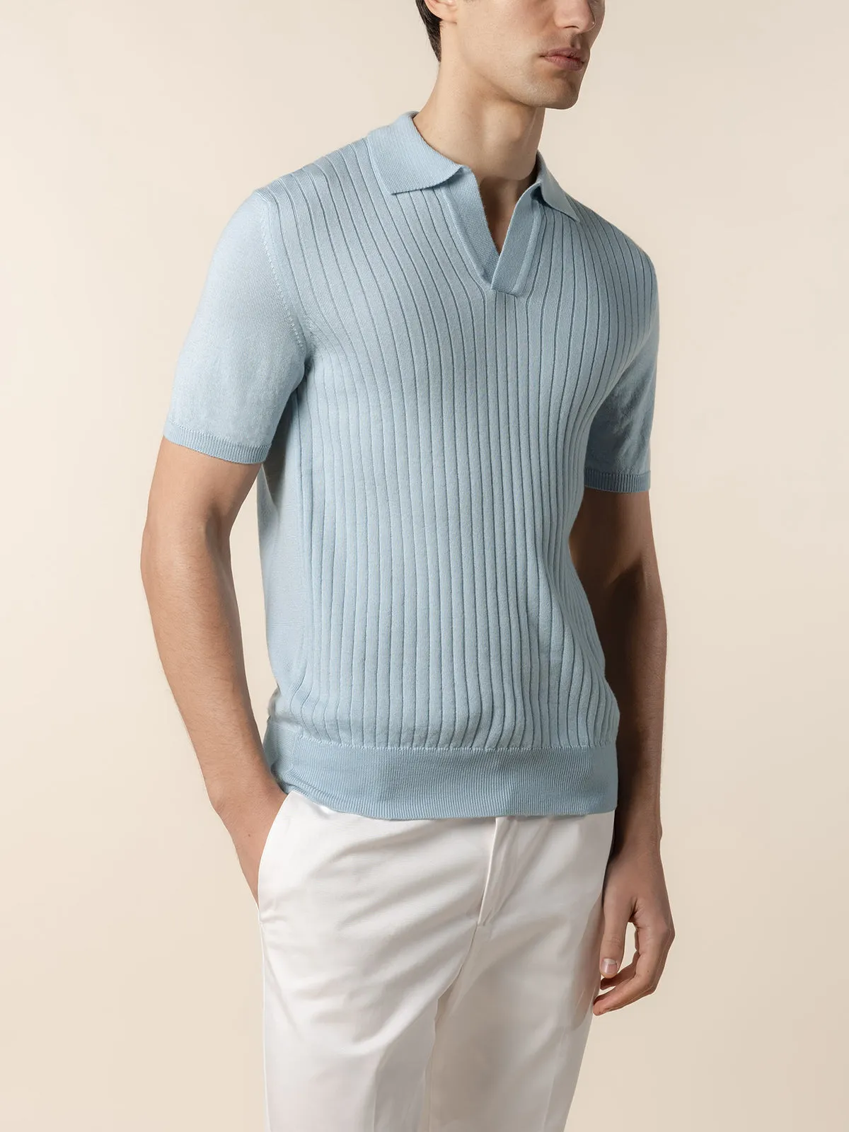 Shortsleeve Buttonless Ribbed Polo Cool Blue