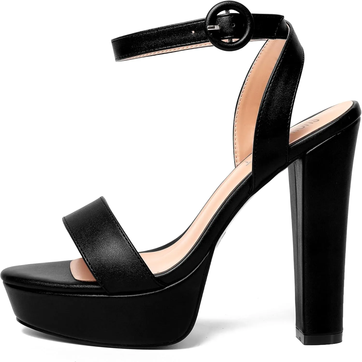 SHOWFOREST Womens Ankle Strap Sexy Evening Round Toe Solid Open Toe Buckle Matte Block High Heel Heeled Sandals 5 Inch