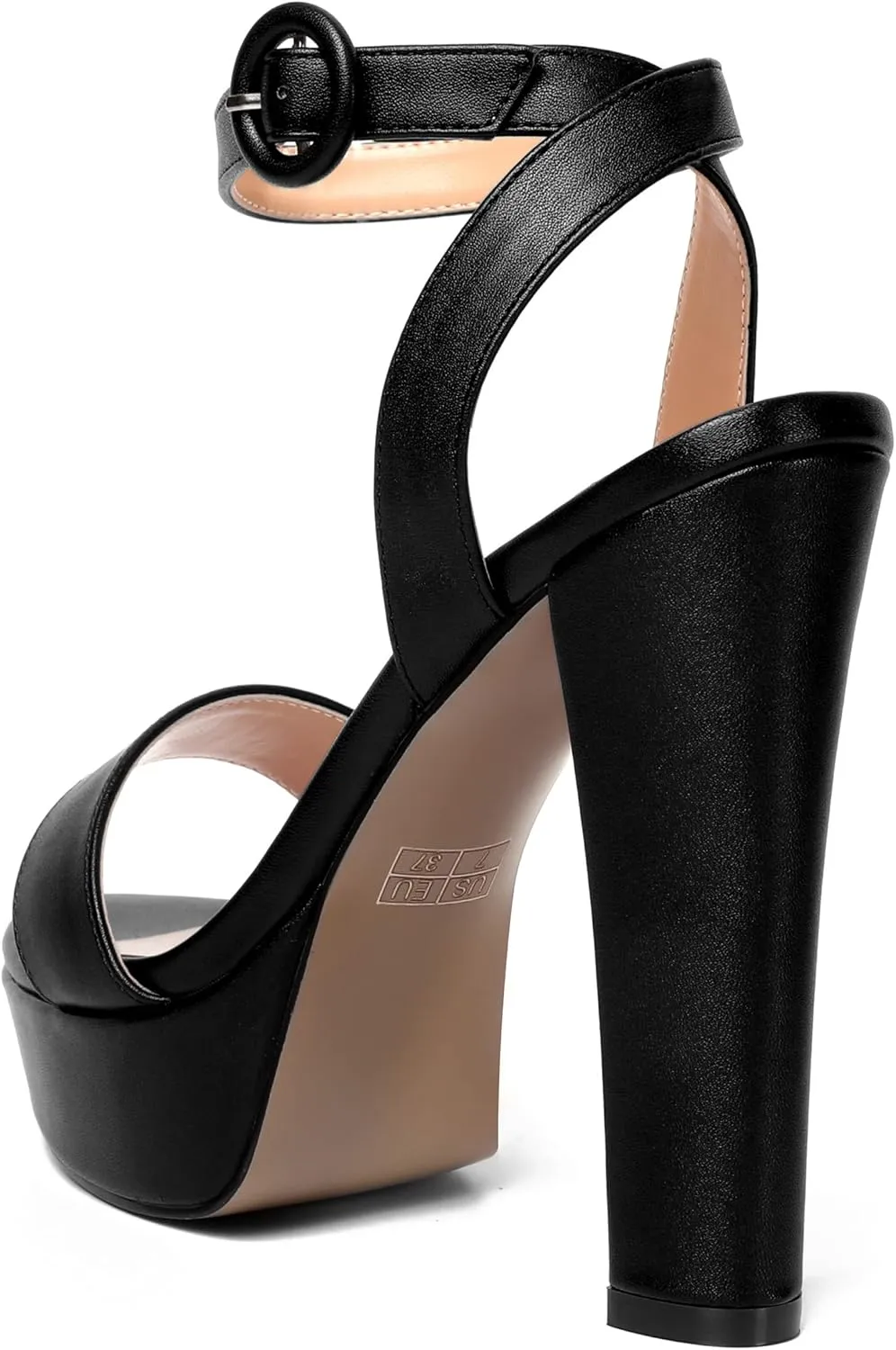 SHOWFOREST Womens Ankle Strap Sexy Evening Round Toe Solid Open Toe Buckle Matte Block High Heel Heeled Sandals 5 Inch