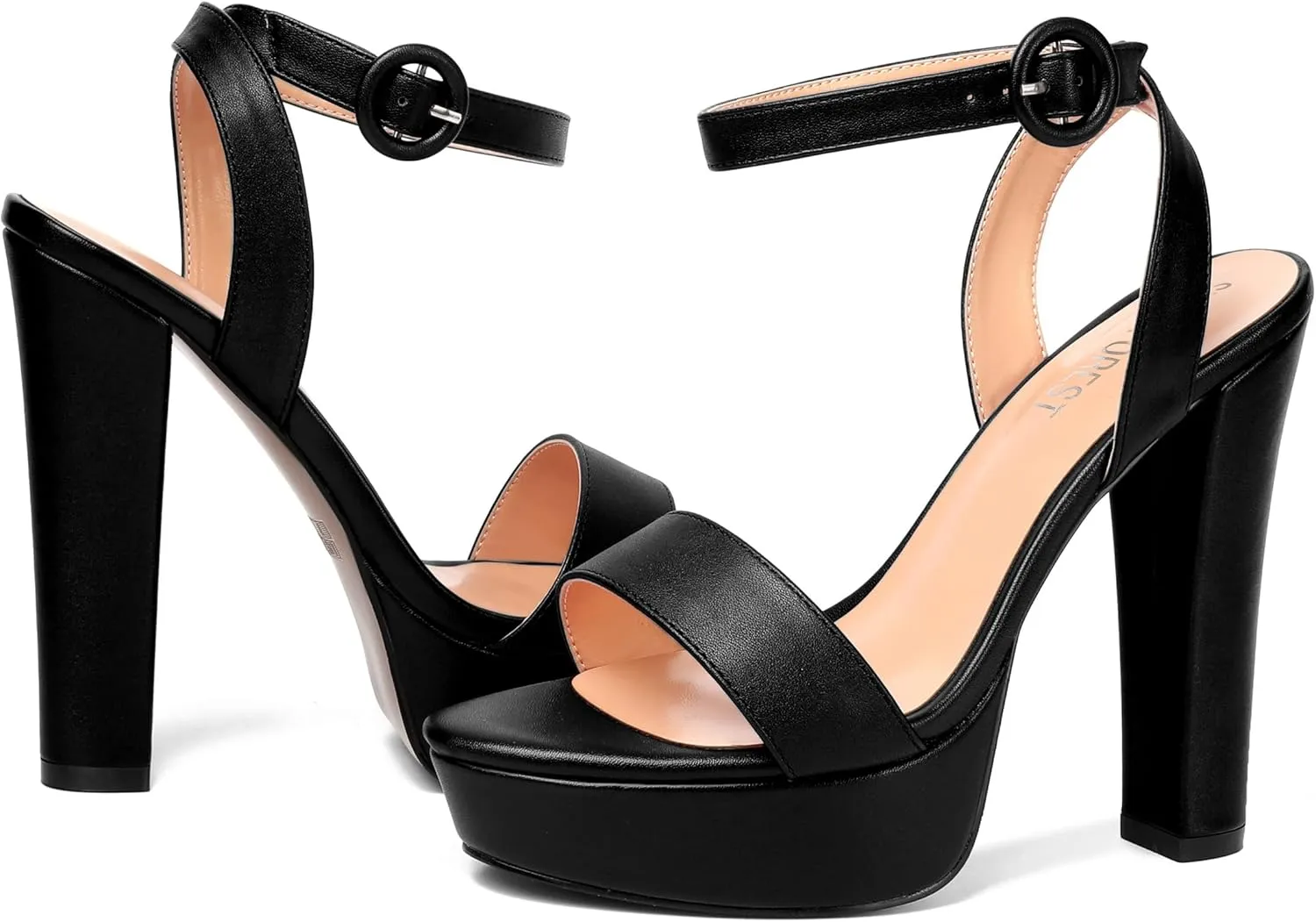 SHOWFOREST Womens Ankle Strap Sexy Evening Round Toe Solid Open Toe Buckle Matte Block High Heel Heeled Sandals 5 Inch