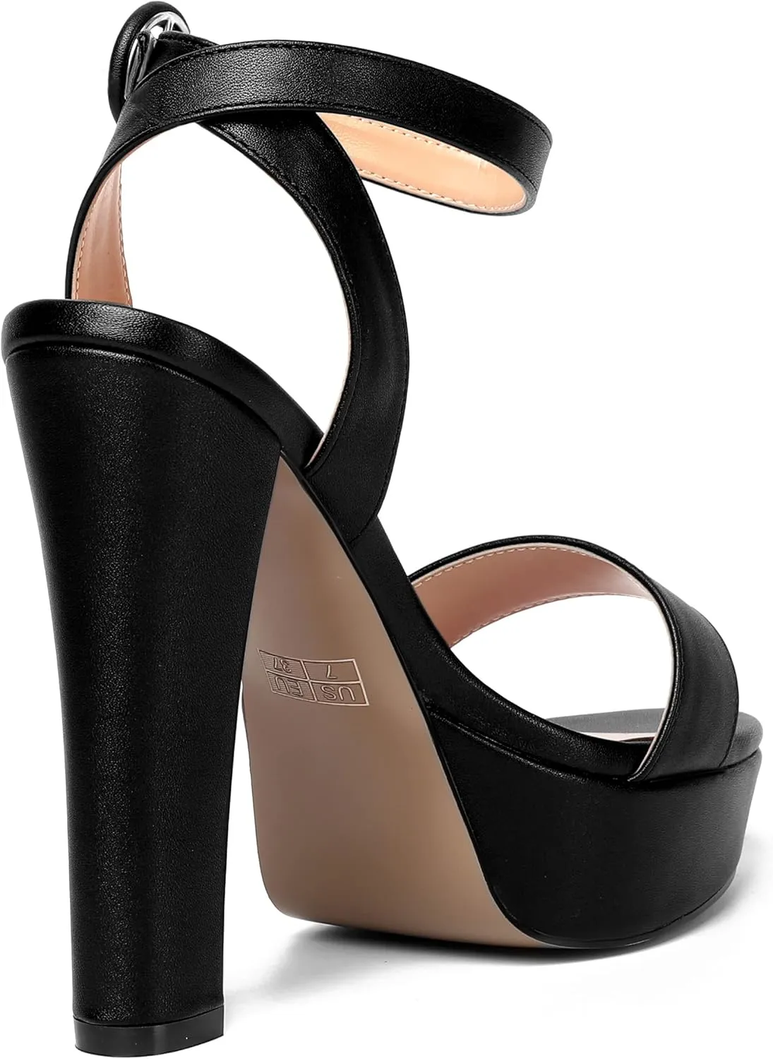SHOWFOREST Womens Ankle Strap Sexy Evening Round Toe Solid Open Toe Buckle Matte Block High Heel Heeled Sandals 5 Inch
