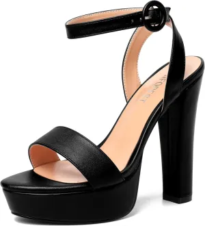 SHOWFOREST Womens Ankle Strap Sexy Evening Round Toe Solid Open Toe Buckle Matte Block High Heel Heeled Sandals 5 Inch