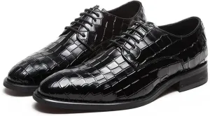 Single Season Dress Oxford Shoes for Men Lace Up Alligator Crocodile Print Black Burnished Toe Genuine Leather Block Heel Anti-Slip Slip Resistant Business Very Popular Among Young People