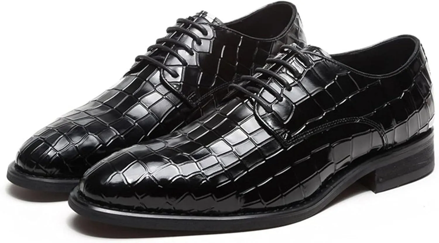 Single Season Dress Oxford Shoes for Men Lace Up Alligator Crocodile Print Black Burnished Toe Genuine Leather Block Heel Anti-Slip Slip Resistant Business Very Popular Among Young People